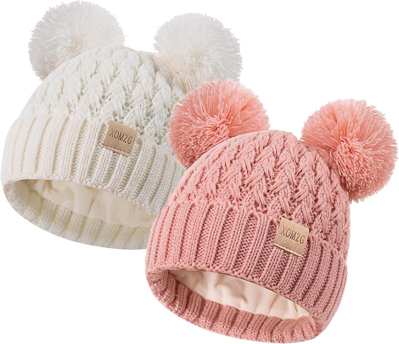 TYOMZG Toddler Winter Beanie Hat, Infant Winter Warm Knit Fleece Lined Cap for Girls Boys with Pom Pom for 0-36 Months 2 Packs - Image 1